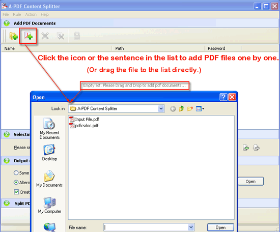 a-pdf content splitter add file